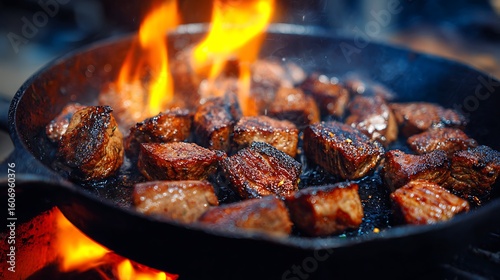 crispy seared meat pieces cooking above fire