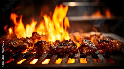 crispy meat turning on grill with vivid fire underneath