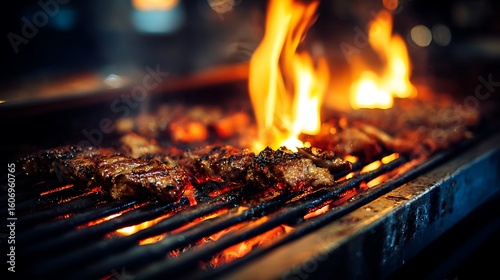 crispy meat turning on grill with vivid fire underneath