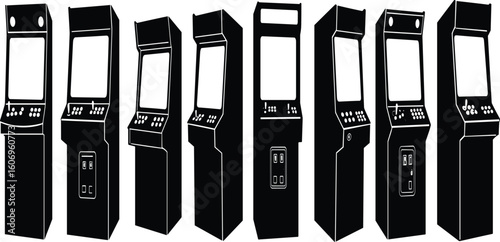 Retro arcade machine silhouettes set, vintage coin-op game cabinets vector, classic gaming console illustrations, black old school game icons