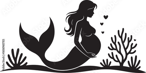 Pregnant Mermaid Silhouette with Coral Reef and Seaweed in the Ocean Depths Vector