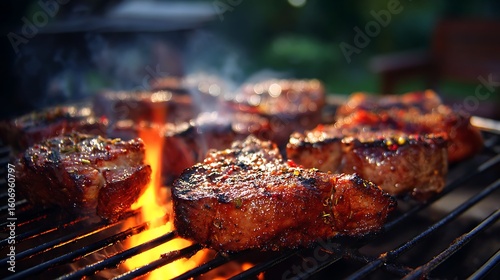 hot sizzling meat on a backyard barbecue grill