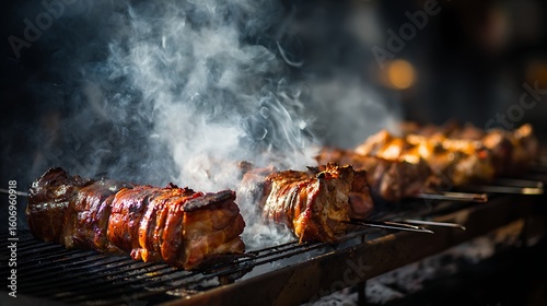 meat roasting on open barbecue with thick smoke