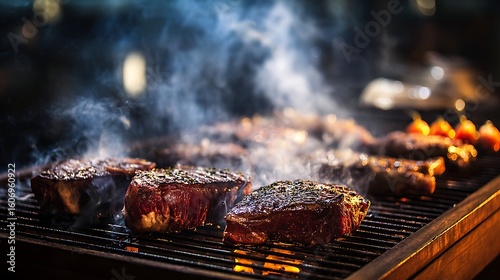 meat roasting on open barbecue with thick smoke