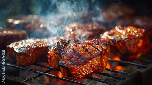 meat roasting on open barbecue with thick smoke