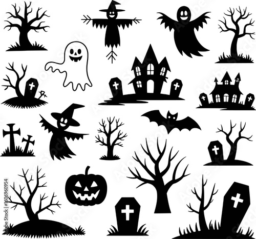 Halloween spooky silhouettes of haunted houses ghosts bats trees and pumpkins vector