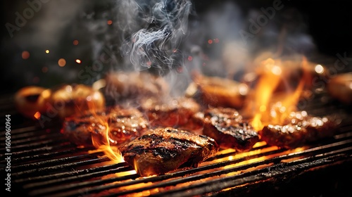barbecue fire glowing beneath meat with smoke rising