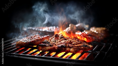 barbecue fire glowing beneath meat with smoke rising