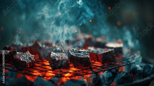 barbecue fire glowing beneath meat with smoke rising