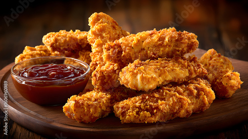 A large stack of golden-brown crispy fried chicken tenders is presented on a round wooden board, with a clear glass bowl of rich red dipping sauce to the side.