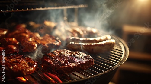 barbecue cooking scene with steam and meat turning brown