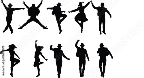 Silhouettes of dancing people, energetic dance poses vector, male and female dancers, street performance, modern choreography illustration, black figures