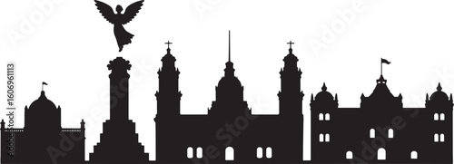 Cityscape Silhouette with Angel Statue Against Transparent Background Vector Image