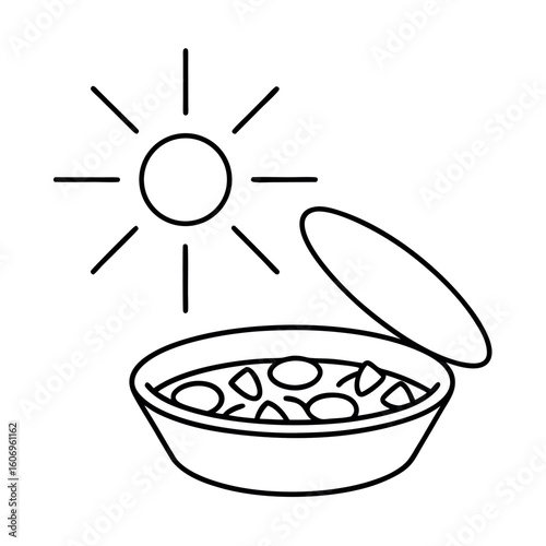 Solar Cooker Bowl Design with Solar Rays Illustration for Sustainable Cooking