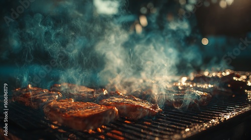 barbecue cooking scene with steam and meat turning brown