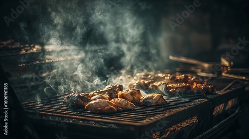 barbecue cooking scene with steam and meat turning brown
