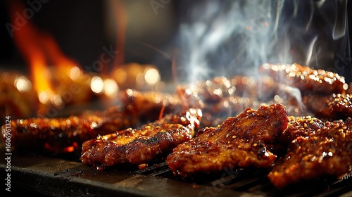 crispy barbecue meat under fire with sizzling texture