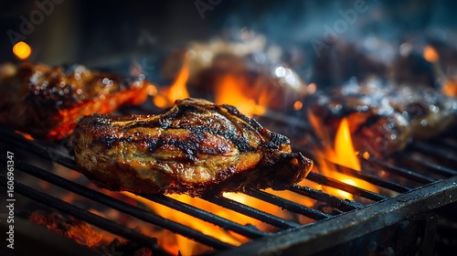 chargrilled meat on metal grill glowing with heat