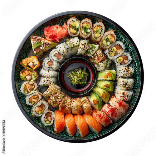 Sushi plate top view full length on transparent background
