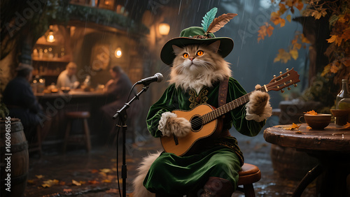 Longhaired cat in a green medieval costume plays acoustic guitar at a tavern in the rain; whimsical fantasy scene