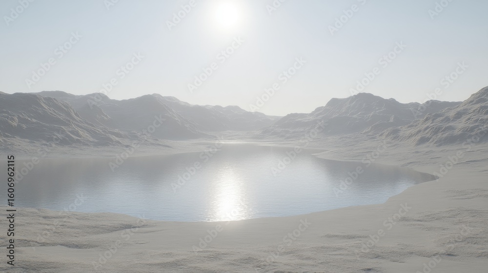Obraz premium Sun shining over lake in barren landscape with mountains