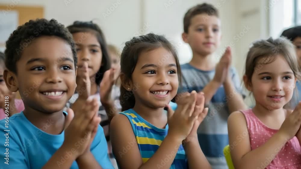 Hands clapping in gesture of appreciation and celebration of children. Joyful and thanks in applause. Group of kids in success. Concept of happy childhood and diverse friendship unity. Video