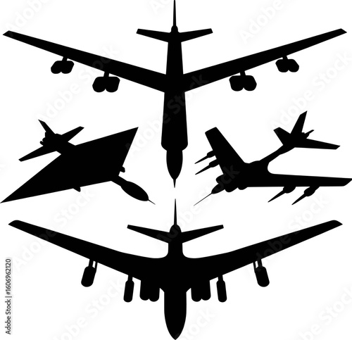 Multiple aircraft silhouettes in black and white airplane bomber