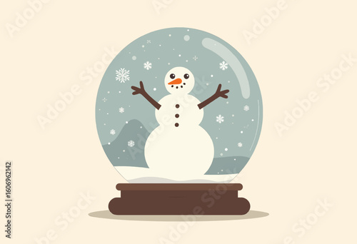 A snowman is standing in a snow globe