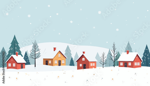 A winter scene with a small village of houses and trees