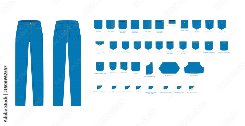 Set of Jeans with pockets - Denim technical fashion illustration with Patch, Rounded, traditional Kangaroo angled 5, Rivets. Flat blue bottom template front, back, grey color style. CAD mockup