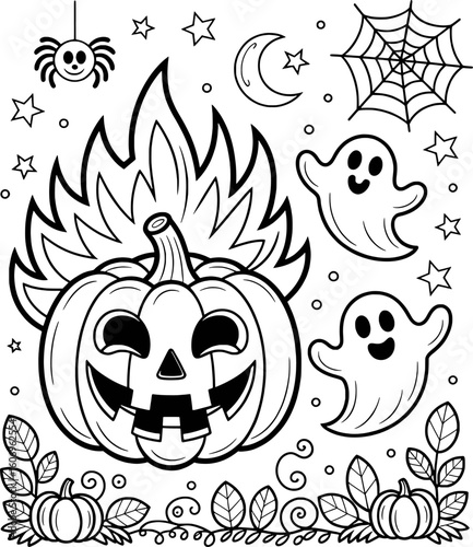 Spooky Halloween pumpkin ghost spider moon web stars and leaves jackolantern