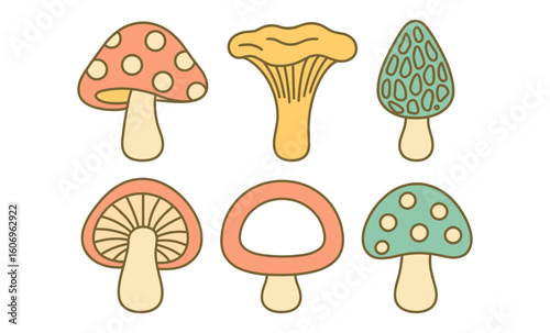 Playful cartoon mushrooms in soft colors for cozy designs