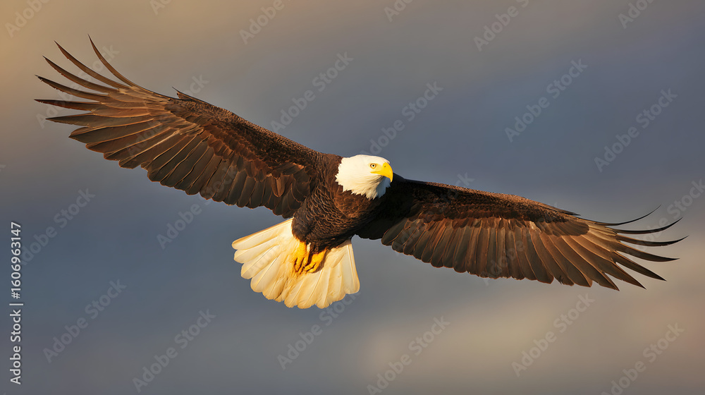 Fototapeta premium A majestic bald eagle soaring through a dramatic golden-hued sky.