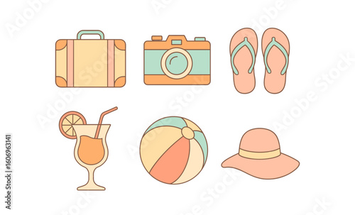 Flat style travel icons: suitcase, camera, beach essentials for vacation
