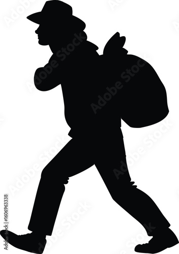 silhouette of a man with backpack black vector art on white