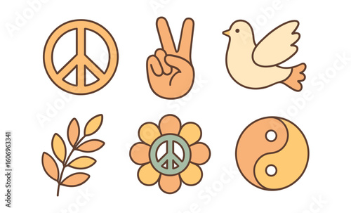 Retro peace and harmony icons with pastel colors and outline style