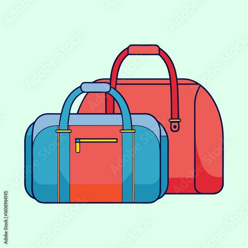 Two cartoon styled duffel bags in blue and red on light background