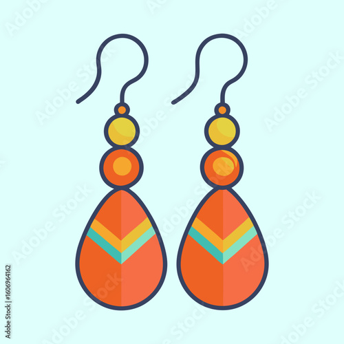 Pair of teardrop earrings with colorful geometric design, isolated on light blue
