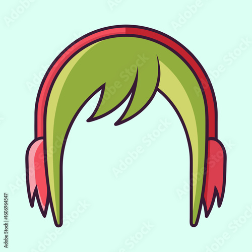 Cartoon graphic of headset with bright green hair and pink earmuffs