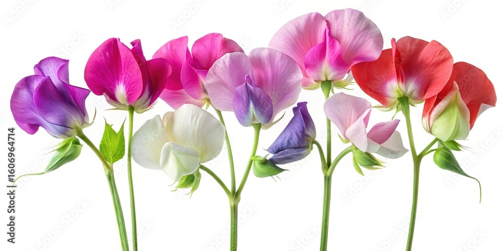 Fototapeta premium Beautiful array of sweet pea flowers in various colors on white backdrop
