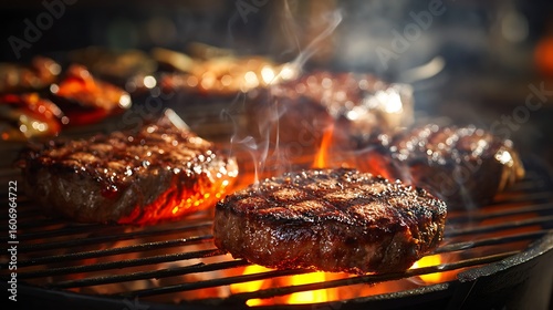 grilling meat over smoking charcoal with sizzling juices