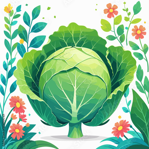 Fresh green cabbage surrounded by colorful flowers and leaves  
