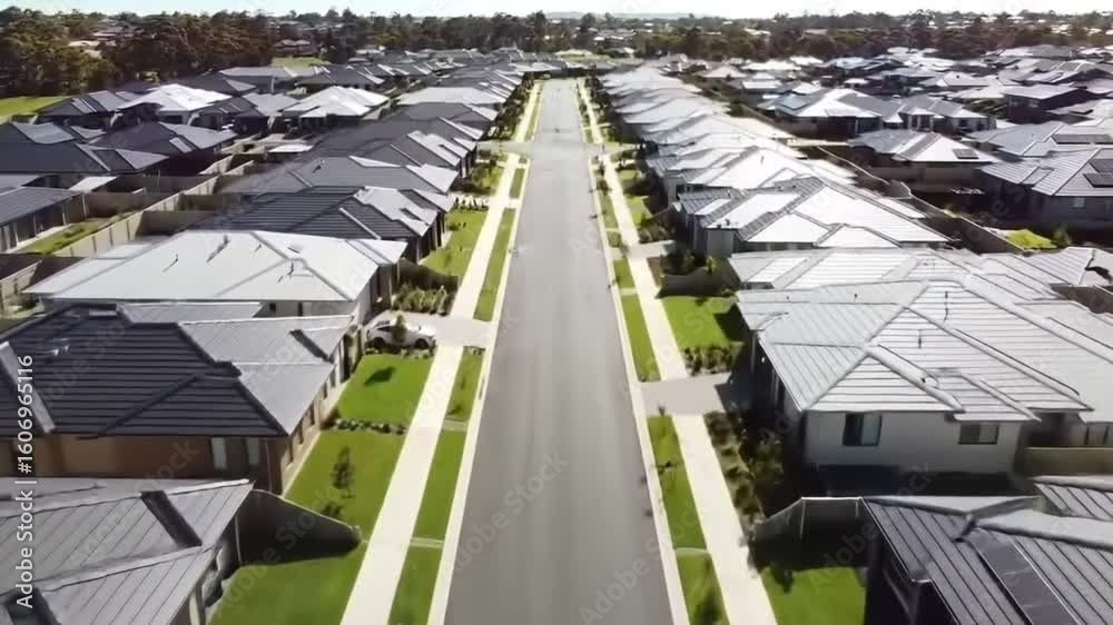 Slow drone flight over a modern suburban housing estate.