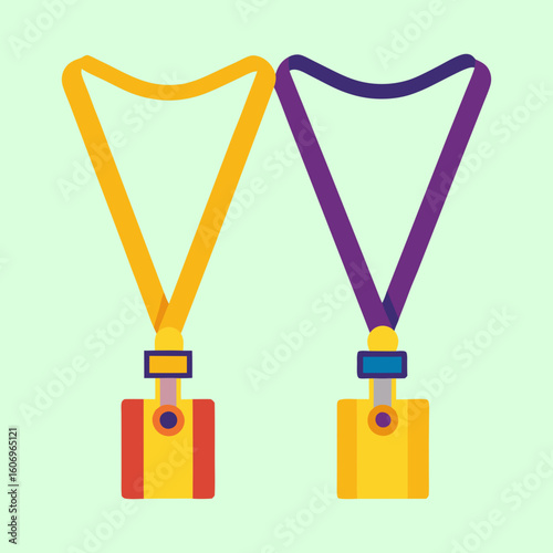 Two colorful identification cards or name badges with neck straps isolated
