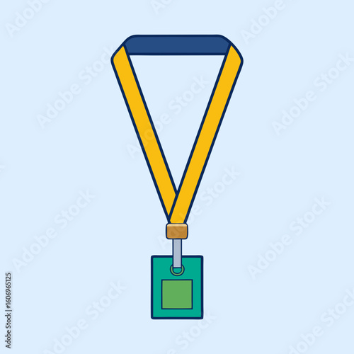 A cartoon illustration of a name tag or badge on a lanyard