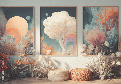 Dreamlike decor with paintings evoking fantastical landscapes and lush flora in pastel hues. Ideal for interior design, abstract art, and serene spaces.