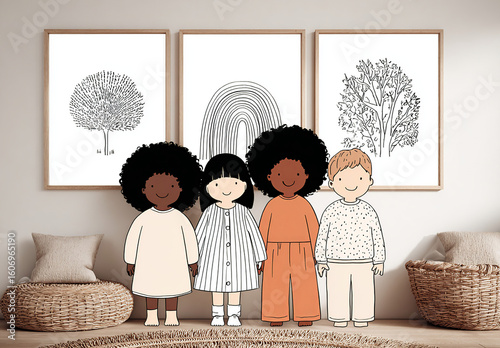 Four children illustrated in black and white with colorful details, celebrating diversity and childhood joy. Ideal for childhood and educational themes.