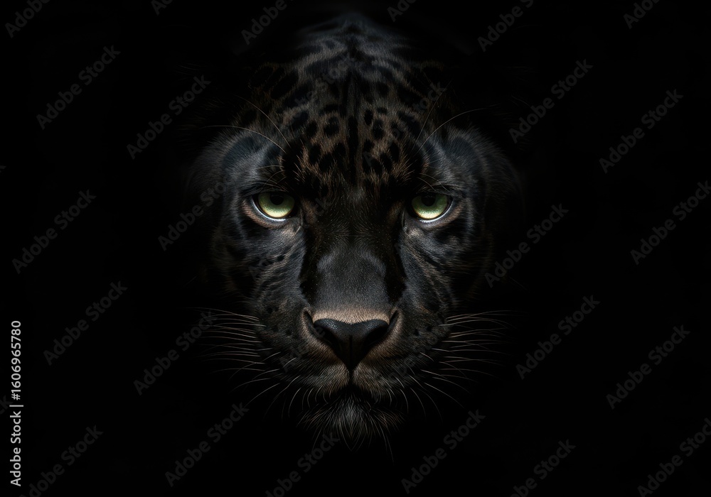 Obraz premium Intense Emerald Eyes of a Black Panther Staring Out from Deep Darkness.