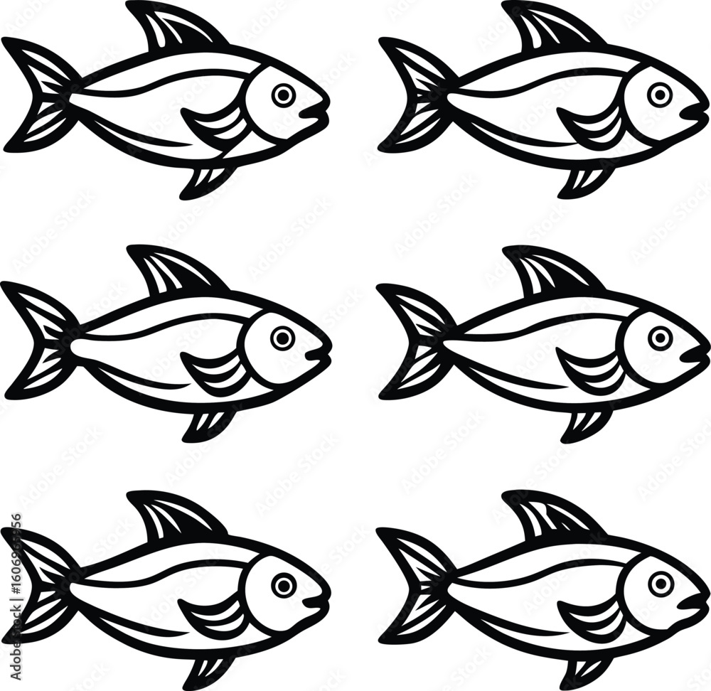 Naklejka premium Six black and white fish illustrations arranged in two columns