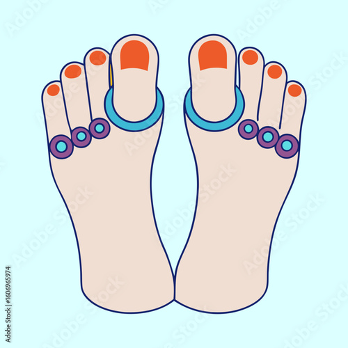 Stylized illustration of bare feet adorned with rings on a light background